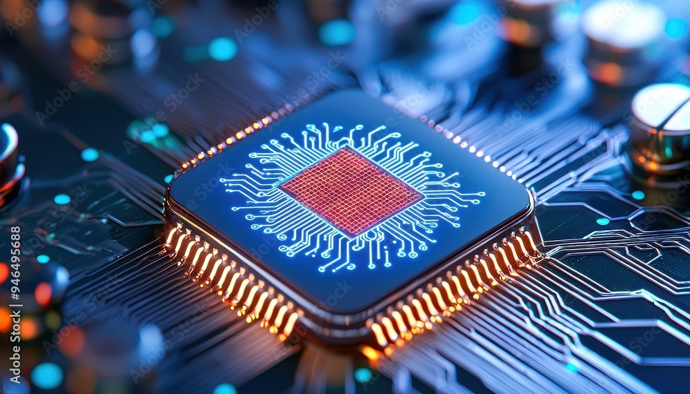 Poster close-up of a modern microchip on a circuit board, illustrating advanced technology and digital inno