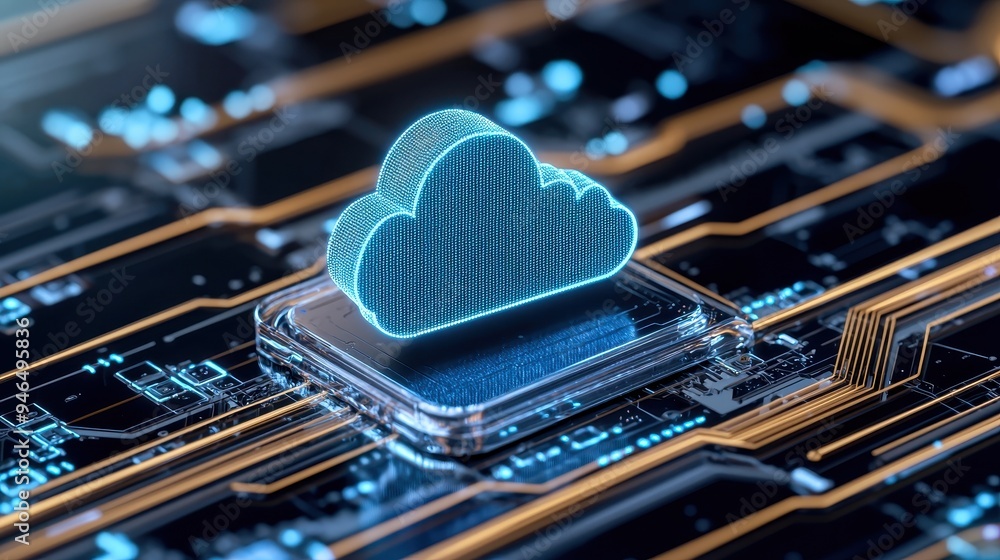 Poster futuristic cloud technology icon on a digital circuit. represents data storage and connectivity in a