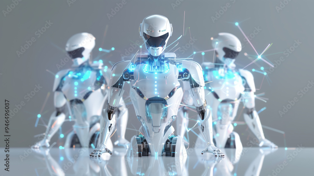 Poster 3d cartoon abstract cyber humans robots with chrome metal shape. ai artificial intelligence machine 