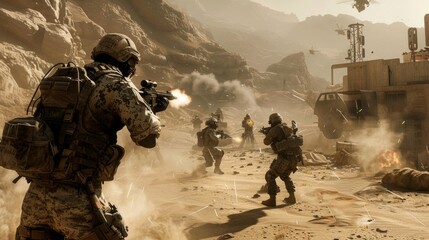 A group of soldiers are in a desert battlefield, with one of them firing a gun