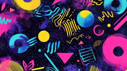 Colorful geometric shapes and patterns blend together to create an energetic pop art design with bright colors and abstract forms