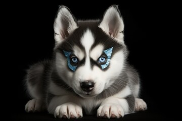 Fototapeta premium A sweet Siberian Husky puppy with striking blue eyes and a distinctive mask, sitting patiently with its paws neatly arranged.