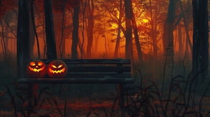 Two carved pumpkins with glowing eyes and smiles, standing on a wooden bench in the forest against the backdrop of the sunset.