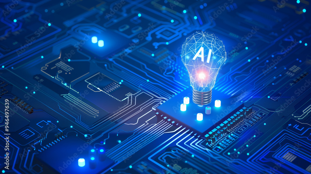 Poster abstract digital technology ai artificial intelligence chip and lightbulb lamp on presentation blue 