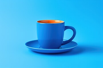 Obraz premium A vibrant, colorful coffee cup with a playful design, featuring a bright blue glaze and a matching saucer, set against a simple