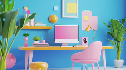 3d rendered working from home office modern desk computer interior concept PC monitor cartoon UI motion graphics style soft pastel minimal illustration workplace mess set isometric geometric shapes