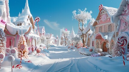 Enchanted candy land with pink and white buildings in snowy wonderland under clear blue sky