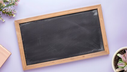 Slate blackboard with wooden borders on a pale lavender background, top view for maximum design space in educational mockups Ideal for school presentations