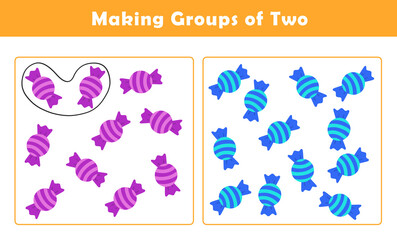 Making Groups of Two Worksheet. Grouping Picture Math Activity for Kids. Fun Math Activity for Children. Counting with Cute Pictures Worksheet.