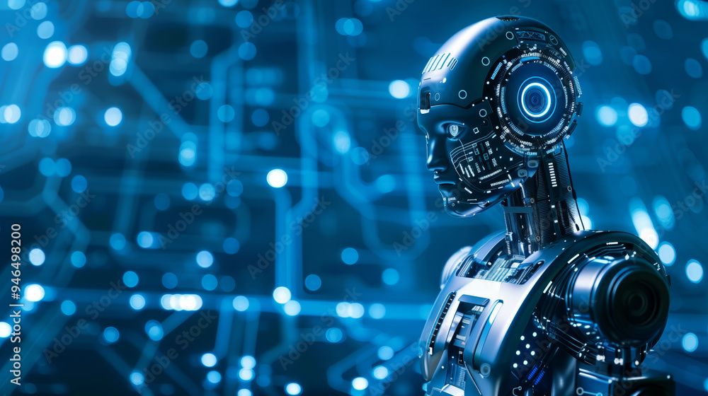 Poster artificial intelligence ai futuristic robot with circuit board wireframe brain. abstract glowing inn