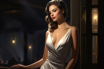 An elegant woman in a sleek, form-fitting evening gown confidently gazes into the distance