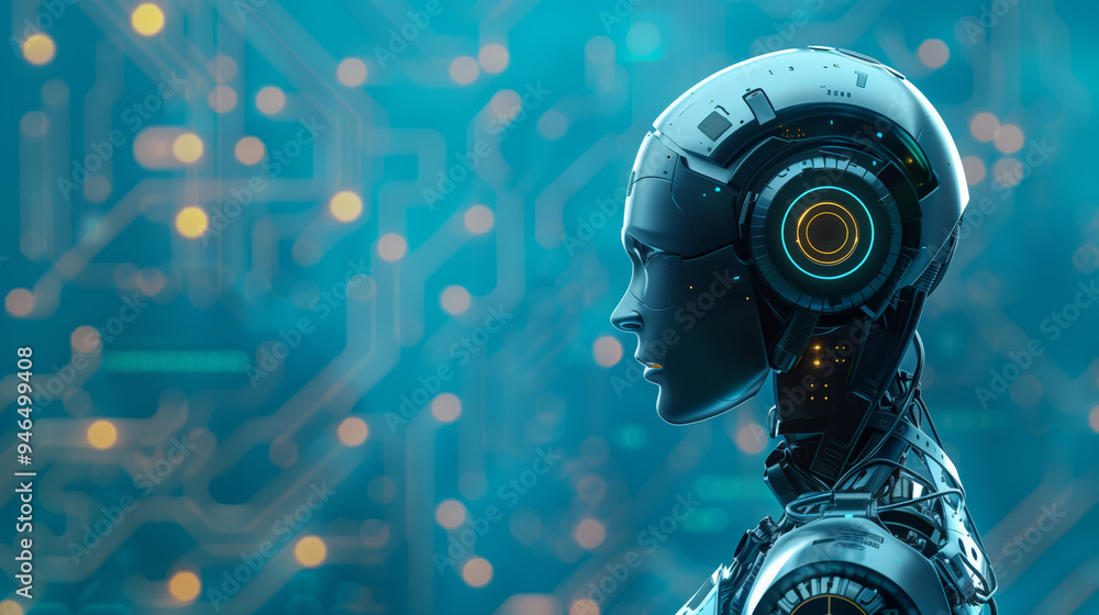 Poster artificial intelligence ai futuristic robot female with circuit board brain. abstract glowing innova