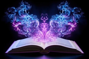 An open antique book emitting mystical blue and purple lights from the pages
