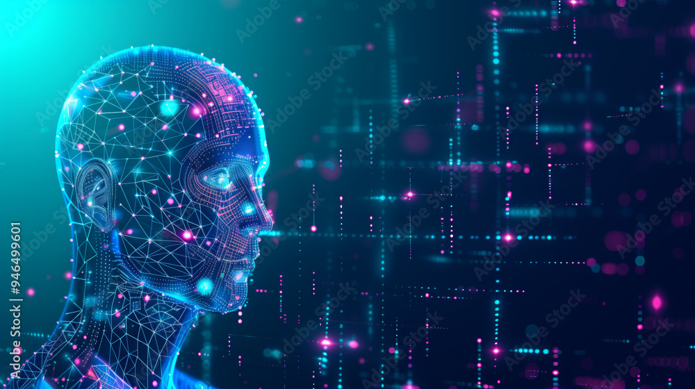 Poster artificial intelligence ai futuristic robot with circuit board brain. abstract glowing innovation it