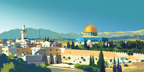 Naklejka premium An abstract landscape of the Holy Land, with the Dome of the Rock and the Western Wall, highlighting significant biblical sites.