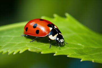 Close-up of a vibrant ladybird resting on a fresh green leaf,