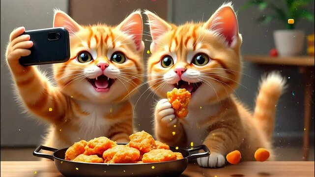Two adorable orange kittens sitting at a table, excitedly taking a selfie while enjoying chicken nuggets, creating a cute and playful scene.