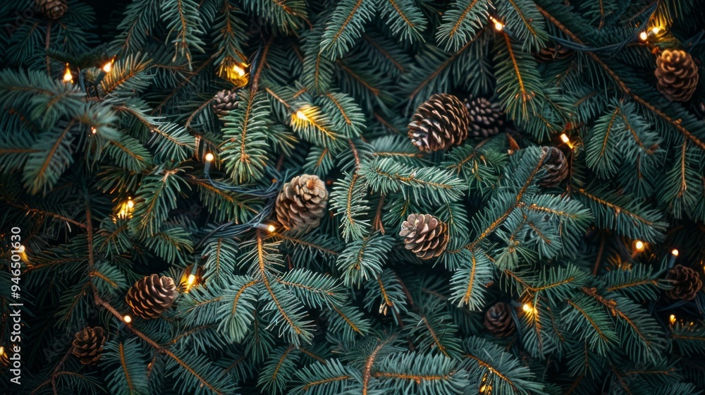 Poster a tree with many pine cones and lights on it