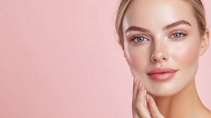 Naklejka premium Beautiful young woman with flawless skin against a soft pink background, showcasing a natural and radiant beauty look.