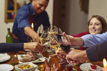 Hands, turkey and cheers for feast, thanksgiving and meat for reunion of family, dinner or celebration. Chicken, glass and wine for toast, holiday or people in dining room, Christmas and food in home