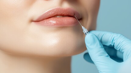 Close-up of a woman's lips receiving a beauty treatment with a syringe, showcasing cosmetic enhancement and skincare procedures.