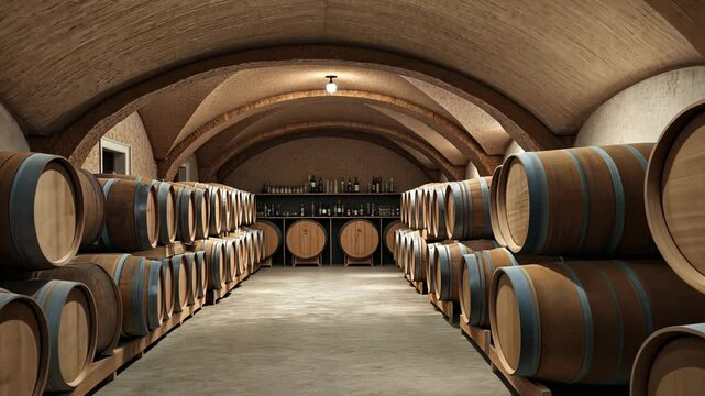 interior of a wine cellar with vaulted celing and wooden barrels