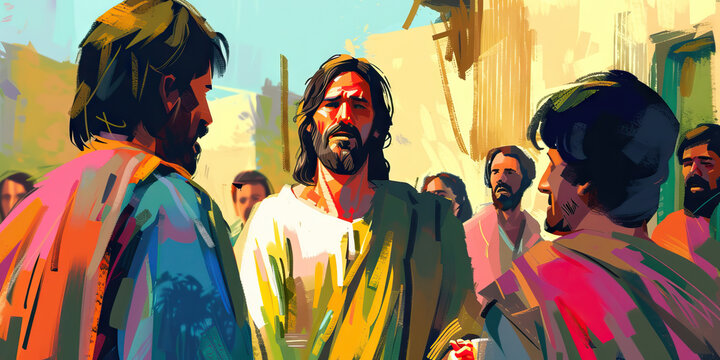 A stylized artwork of Jesus teaching the parable of the Good Samaritan, using bold lines and vibrant colors to convey the lesson's message of compassion.
