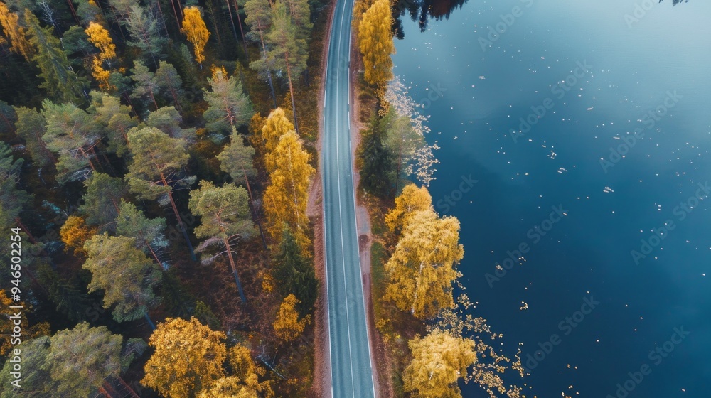 Poster a road with trees and a body of water in the background