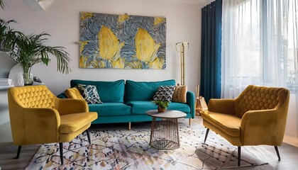 Chic Modern Living Room with Teal Sofa,  Armchairs, and Abstract Art on Patterned Wallpaper in Natural Light