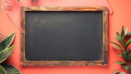 Slate blackboard with wooden borders on a vibrant coral background, top view for maximum design space in educational mockups