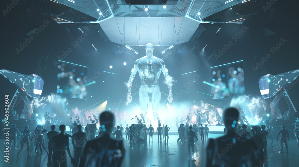 Poster abstract futuristic digital technology innovation performance stage display with hologram of cyber h