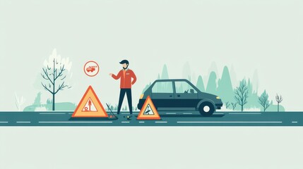 Illustrated roadside assistance scene with warning signs and stranded vehicle on a scenic road, highlighting emergency response and safety preparedness