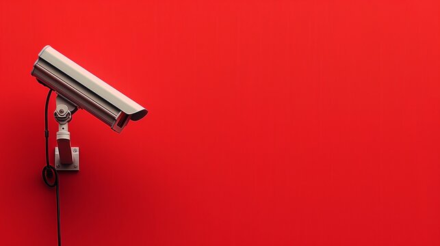 Modern CCTV camera mounted on a bright red wall. The camera has a metal body and is directed to the left.
