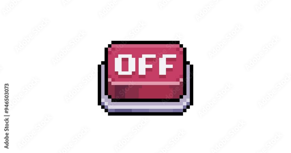 Poster red power off button in pixel art and 8-bit style on white background, power off button animation