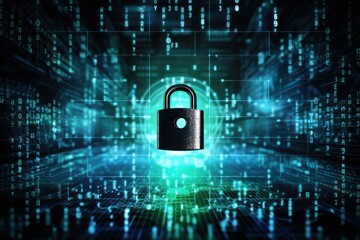 Digital padlock and binary code floating over a futuristic network grid, symbolizing encryption and secure data transmission