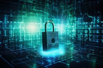 Digital padlock and binary code floating over a futuristic network grid, symbolizing encryption and secure data transmission