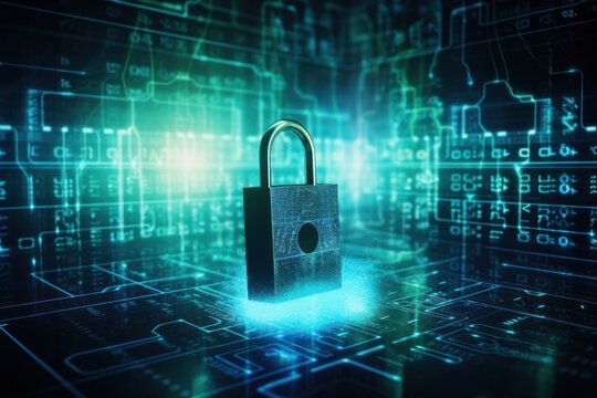 Digital padlock and binary code floating over a futuristic network grid, symbolizing encryption and secure data transmission