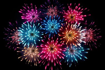 Fototapeta premium Fireworks bursting in a symmetrical arrangement with vivid colors and bright flashes