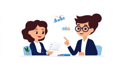 A bank officer presenting loan approval documents to a client, with financial charts on the desk