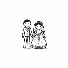 Fototapeta premium A puppet groom and a puppet bride holding hands on a white background.