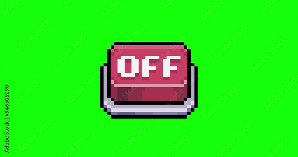 Poster red power off button in pixel art and 8-bit style on green background, power off button animation