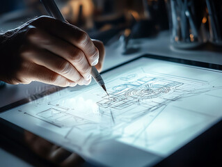 Hand drawing futuristic interface on tablet with stylus.