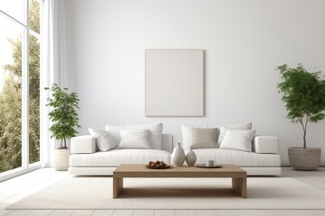 Modern minimalist living room with clean lines, featuring a comfortable sofa, stylish coffee table