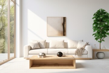 Modern minimalist living room with clean lines, featuring a comfortable sofa, stylish coffee table