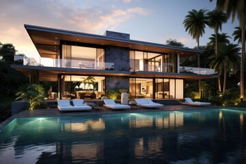 Fototapeta premium Opulent modern mansion with floor-to-ceiling windows and a sleek infinity pool