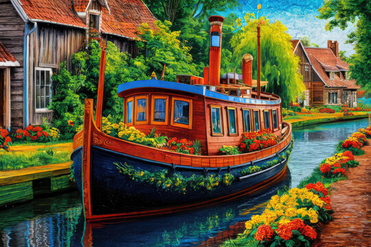 Traditional tole painting of a canal boat with texture.
