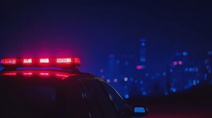 A close-up view of a police car's flashing light against a dimly lit urban backdrop at night, highlighting law enforcement in action.