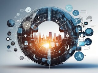 Obraz premium Abstract technical background,Dynamic Financial Abstract: Capital Curves and Icons on Curving Lines,businessman's hand pointing at icons of house, car, financial, digital graphic concept