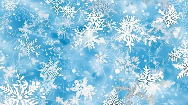 Snowflakes of various intricate designs falling against a blue background, capturing the essence of winter and holiday cheer.

