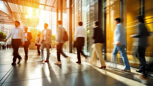 Busy city scene with blurred businesspeople walking outside modern glass buildings during a golden sunset, symbolizing urban life.
